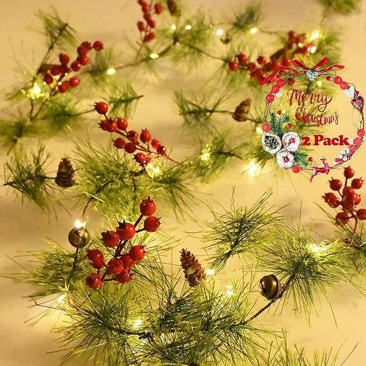 2Pack Christmas Garland with LED Fairy Lights 13FT Battery Operated Smokey Pine Garlands with 8 Flash Modes and Timer Red Berries Bells Pine Cones Green Garland Rustic Garlands for Xmas Holiday Home