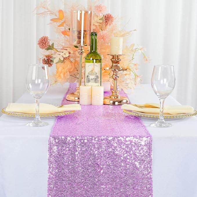 ShinyBeauty 12x108 Inch Lavender Sequin Table Runner 1 Pack - Sparkling Party Decor for Wedding, Birthday, Dining Events, Glittery Table Cover Accessories