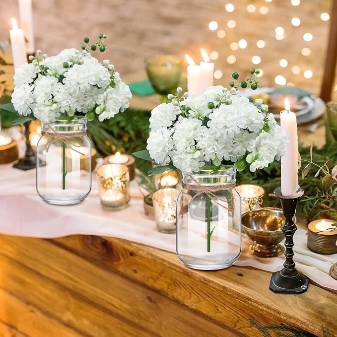 XunYee 10 Set Mason Jar Table Centerpiece with Flower Mason Jar Flower Centerpiece Vases Decor for Engagement Party Bridal Shower Wedding Reception Table Decor(White,Hydrangea)
