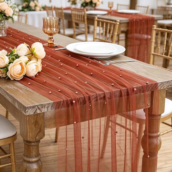 Pearl Gauze Table Runner Tulle Fabric: 10ft Seasonal Dessert Chiffon Pearl Lace Boho Overlay Wedding Veil Outdoor Wedding Aisle Runner Party Decorations Doilies, Terrcotta