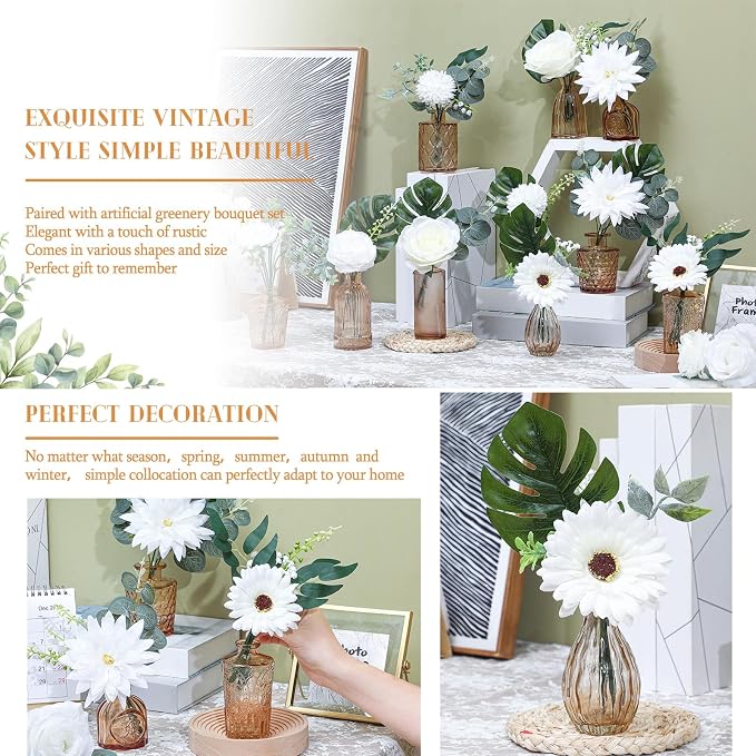 FoldTier 108 Pcs Artificial Flowers in Vase 96 Pcs Faux Greenery Stem Table Centerpiece Fake Plants Silk Roses Arrangement 12 Pcs Glass Vase Sets for Wedding Bathroom Home Dining Decor(Champagne)