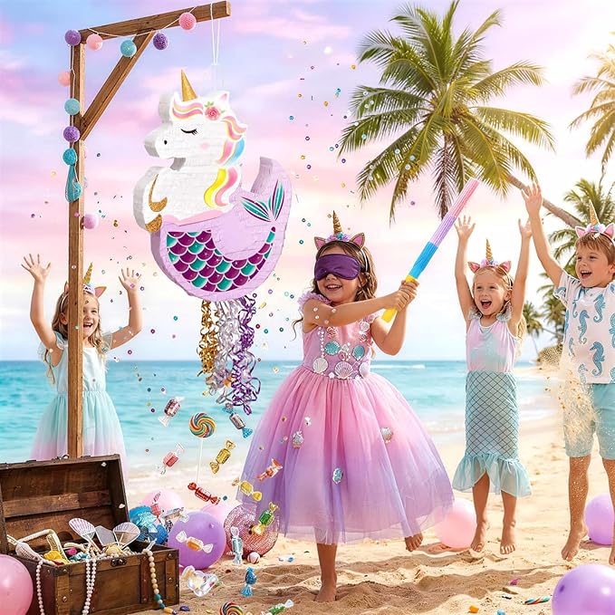 WERNNSAI Unicorn Mermaid Piñata - Unicorn or Mermaid Party Supplies Piñata Bundle with Blindfold, Bat for Girls Kids Rainbow Unicorn Mermaid Theme Birthday Game Decorations (16.5" x 12.4" x 2.9")