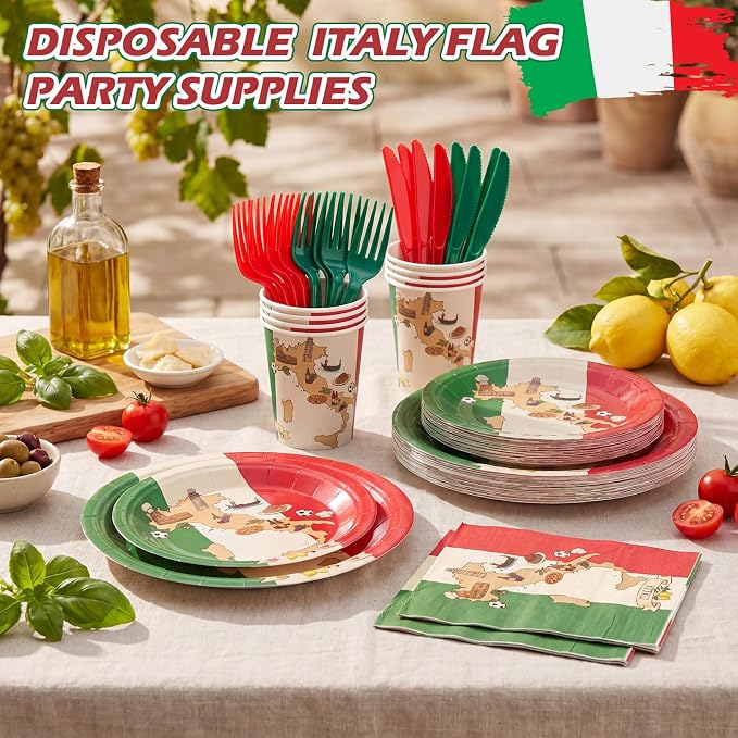 FoldTier 350 Pcs Italian Flag Plates and Napkins Party Supplies Disposable Paper Tableware Set Red White and Green Italian Flag Party Decorations for Holiday Festival Family Serve 50 Guests