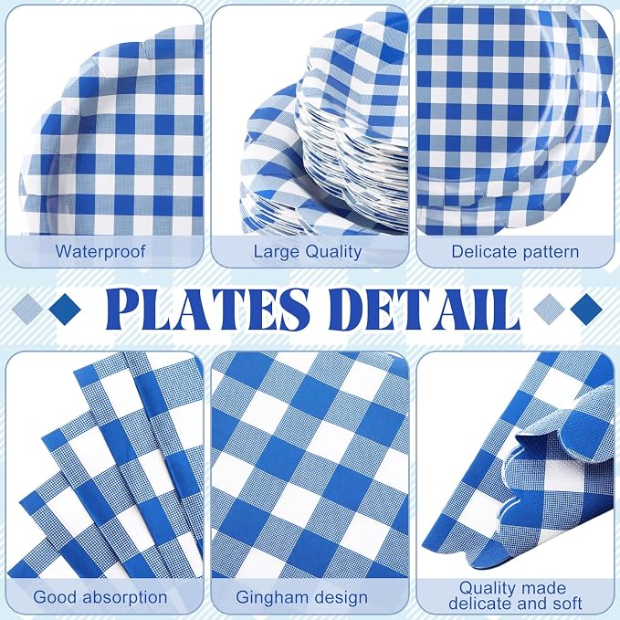 Funnymoom 452 Pcs Blue Gingham Party Supplies for 50, Dark Blue and White Gingham Checkered Paper Plates Napkins Cups Tablecloth Cutlery Straws for Birthday Family Picnic Barbecue Party Decoration