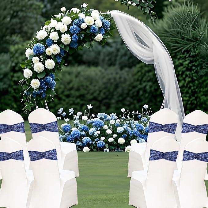 Eternal Beauty Pack of 50 Navy Blue Chair Sashes Band Bows Sequin Chair Sashes for Wedding Cover Decorations