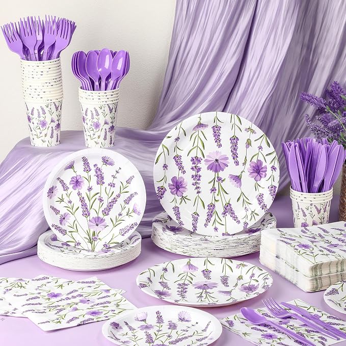 Funnymoom 400 Pcs Purple Lavender Floral Party Supplies Spring Lavender Paper Plates Napkins Cups Spoons Forks Knives for Wedding Birthday Bridal Baby Shower Party Decorations