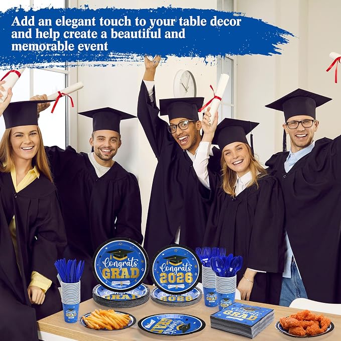 Funnymoom 400 Pcs Graduation Party Supplies Class of 2026 Graduation Paper Plate Napkin Cup Cutlery Congrats Grad Disposable Tableware Set for Grad Party Decorations, Serve 50(Blue, Gold)
