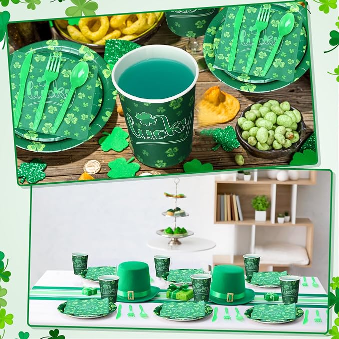 Pickmesh 400 Pcs St Patrick's Day Party Decorations, Shamrock Paper Plates Napkins Cups and Plastic Cutlery Set, Lucky Clover Green Disposable Tableware for Irish Party Supplies, Serve 50 Guests