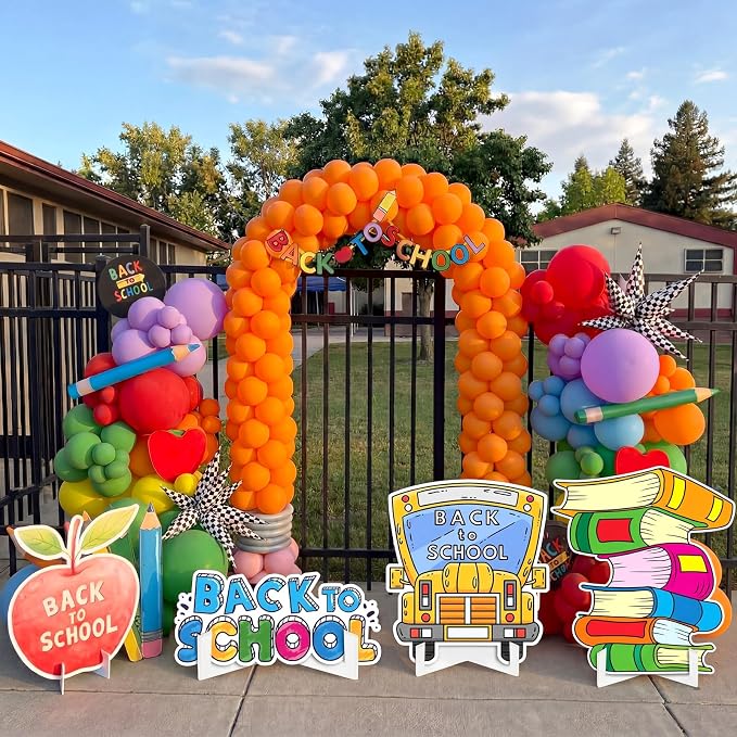 Honoson 4 Pcs Large 32" Back to School Cardboard Cutouts Standup, First Day of School Party Decorations Backdrop Bus Notebook Yard Sign Photo Booth Props for Classroom Party Supplies