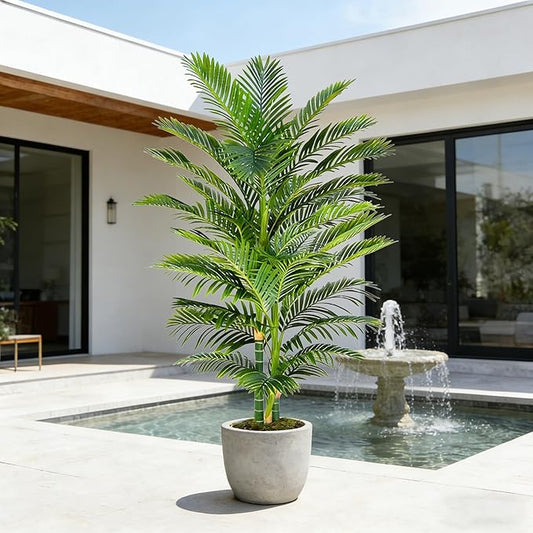 Artificial Golden Cane Palm Tree 7FT, Fake Palm Tree with Three Realistic Trunks and Lifelike Palm Leaves, Faux Palm Plant for Indoor Home Décor with Black Planter