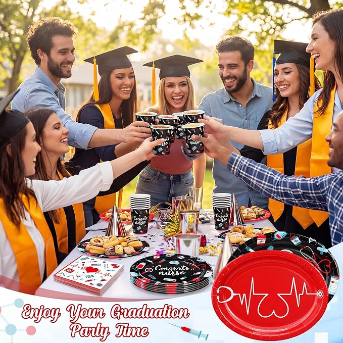 Vesici 150 Pcs Nurse Graduation Party Supplies Congrats Nurse Tableware Set Oval Paper Plate Cup and Napkin 10" x 12" Large Heavy Duty Disposable Plate for Rn School Graduation Celebration, Serves 50