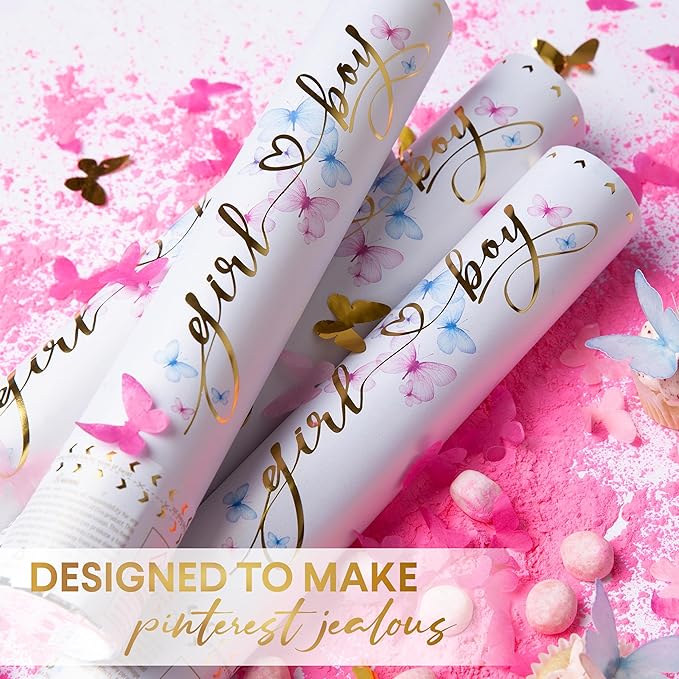 PrimePure Gender Reveal Confetti Cannon - Butterfly Confetti Popper & Biodegradable Powder Cannon - Pink, 4 Pack - Baby Girl Gender Reveal Smoke Bombs Baby Powder Pink Paper Party Poppers