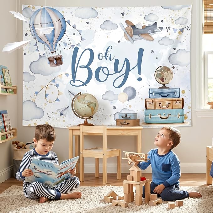 Lofaris 5x3ft Oh Boy Baby Shower Backdrop for Kids Boy Party Decoration Cloud Hot Balloon Adventure Begins Travel Around The World Airplane Up Up and Away Photography Background Banner Photo Booth