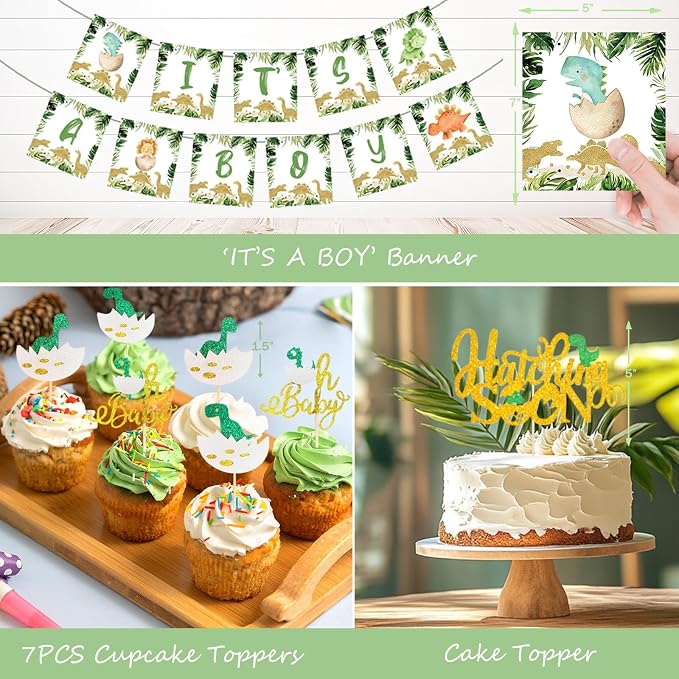 Hombae Dinosaur Baby Shower Decorations for Boy, Dino Themed Baby Shower Decorations, Rawr It’s a Boy Party Supplies Backdrop Balloon Banner Box Cake Cupcake Topper Mummy To Be Sash Green Gold