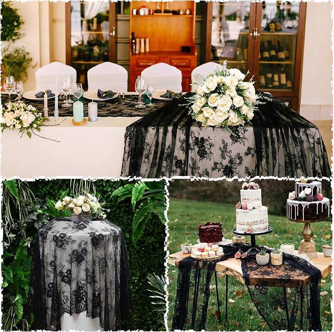 Honeydak 2 Pcs Lace Tablecloth Rectangular 60 x 120 Inch Wedding Rustic Tablecloth Overlay Rose Vintage Embroidered Wedding Reception Party Table Cover Decorations for Bridal Tea Party (Black)