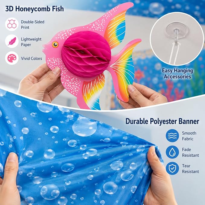 60 Pcs 2026 Under The Sea Party Decoration for Classroom 24" x 13ft Ocean Hanging Ceiling Banner 3D Faux Floating Fish Seaweed Hanging Ornament for Kid Back to School Party Class Decor