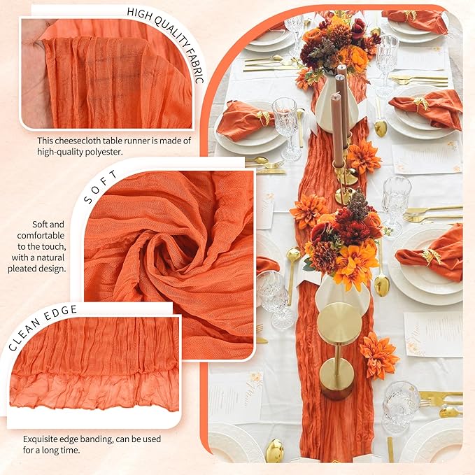 4 Pack Cheesecloth Table Runner 10FT Orange Table Runner Boho Gauze Cheese Cloth Table Runners Long Rustic Sheer Table Decorations for Wedding Party Baby Bridal Shower Birthday Holiday Home