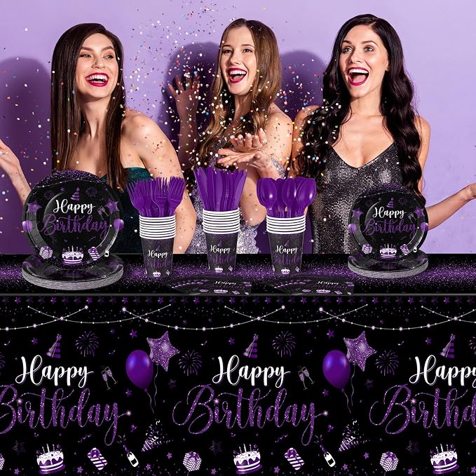 Vesici 171 Pcs Happy Birthday Party Supplies 24 Set Disposable Party Tableware include Plates Cups Napkins Cutlery and Banner Tablecloth Birthday Dinner Decorations for Men Woman(Black, Purple)