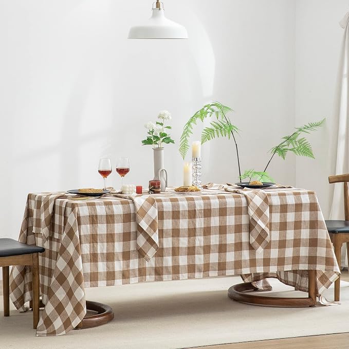 EVERLY 100% Yarn-Dyed Linen Rectangle Tablecloths 60x108Inches for Dining,Buffet Parties,Picnic,Events and Restaurants,Decorative Halloween,Thanksgiving Machine Washable Tablecloths-Brown Plaid