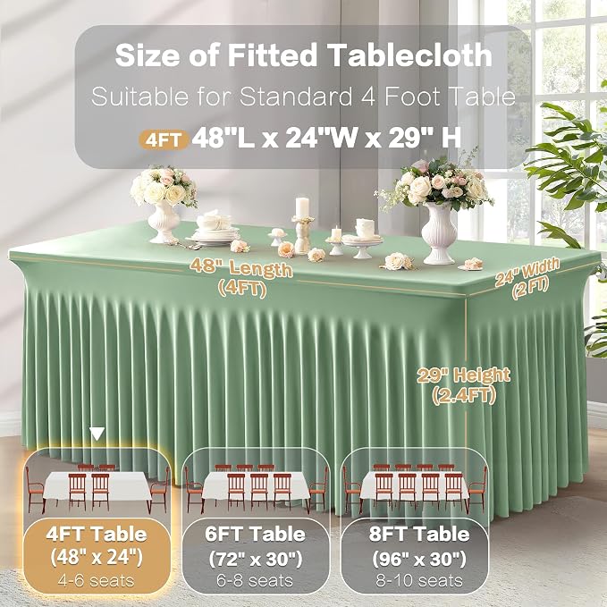 2 Packs Sage Green Spandex Table Cloths 4 Foot, Fitted Stretch Table Cover with Skirts 24x48 Inch, Wrinkle-Free Floor Length Tablecloths Rectangular for Weddings Parties Banquets Events Decorations