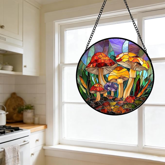 DASTOLL Stained Glass Window Hanging, Jungle Mushrooms Sun Catchers Diamond Glass Panel Hangings Plant Suncatcher Decor for Birthday for Women, Men, Wife, Aunt, and Mom 11.8x11.8 in
