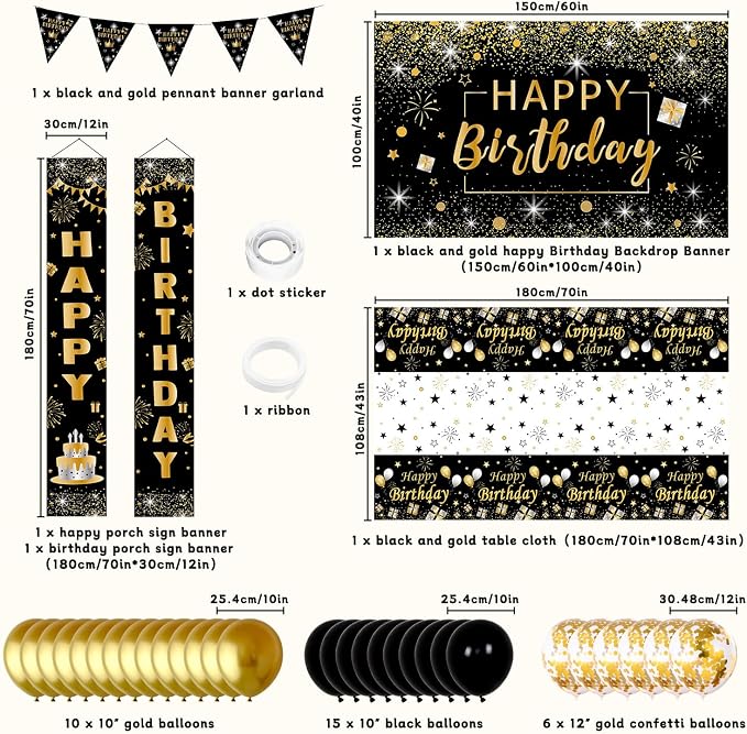 Black and Gold Birthday Decorations for Men Women | Black and Gold Party Decorations with Backdrop, Tablecloth, Confetti Balloons, Banner, Balloon Arch Kit for Birthday Party