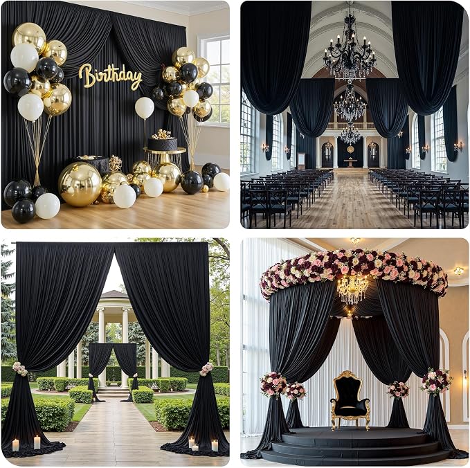 20ft×12ft Black Backdrop Curtain for Wedding Parties, 4 Panels Wrinkle Free Polyester Photo Backdrop Drapes Back Drop Cloth for Birthday Photography Background