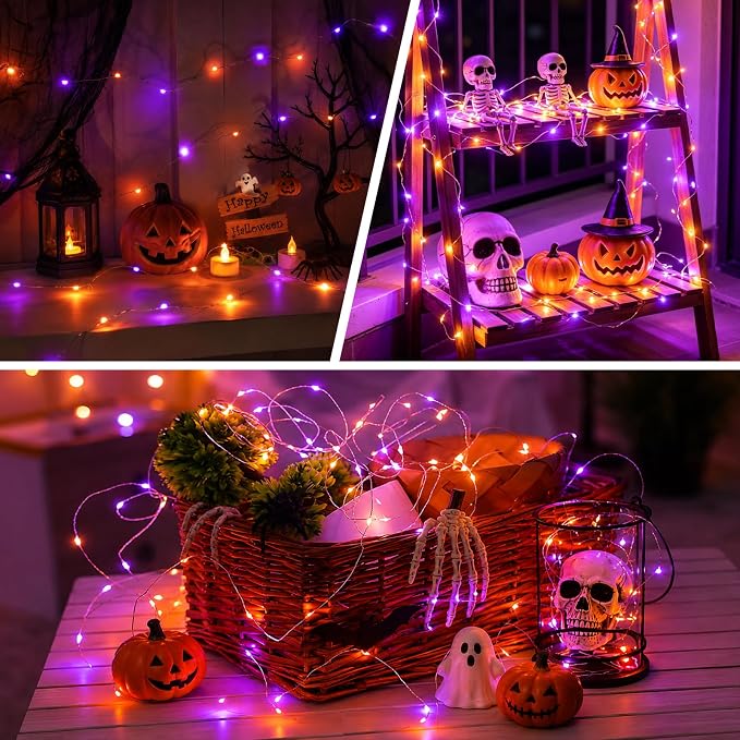 YEGUO Fairy Lights Battery Operated, 4 Packs Each 16ft 50 LED String Lights, 2 Modes Silver Wire Christmas Twinkle Light Indoor for Halloween Bedroom Wedding Party Holiday Gift(Orange and Purple)