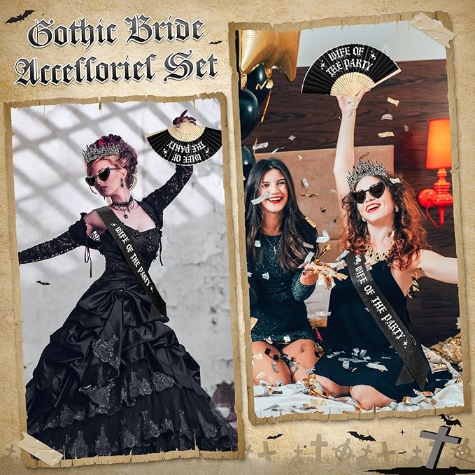 JaGely 4 Pcs Gothic Bachelorette Party Accessories Set, Bride Crystal Crown Sunglasses Sash and Fan for Bridal Shower(Wife of the Party)