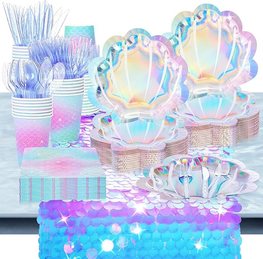 169 Pcs Mermaid Party Tableware Set Include Paper Dinner Dessert Plates Cups Napkins Cutlery Glitter Tail Colorful Sequin Table Runner for 24 Guests for Under the Sea Birthday Supplies Decor