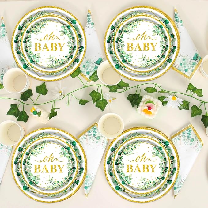 Sage Greenery Baby Shower Party Supplies - 350 PCS Gender Neutral Disposable Dinnerware Set (50 Guest) with OH Baby Paper Plates and Cups and Napkins Sets for Baby Girl Boy Shower Decorations