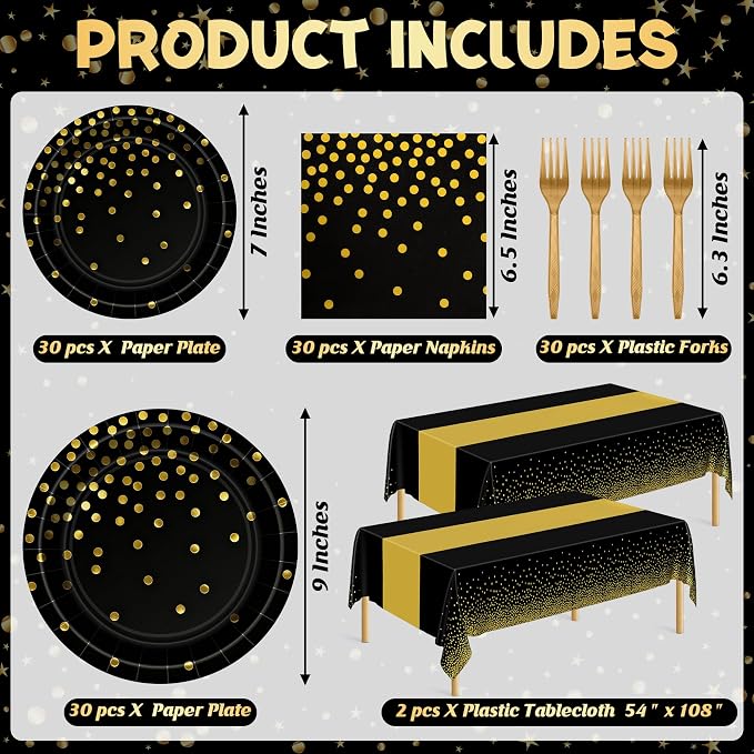 QZYL 122 Pcs Black and Gold Plates and Napkins, Black Plates Disposable for Party, Golden Birthday Tableware Serves 30, Gold Dots Retirement Party Supplies with Plate, Napkin, Fork and Tablecloth