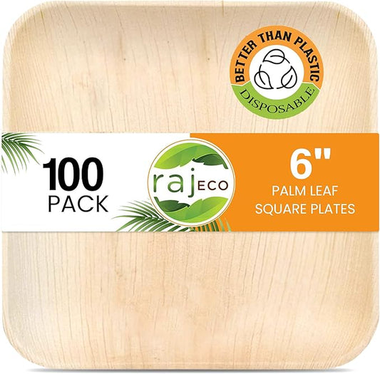 Raj Palm Leaf Plates [100-Pack] 6" Square Plates like Bamboo plates Disposable, Strong, Decorative Compostable Tableware for wedding, Lunch, Dinner, Birthday, Camping, Outdoor BBQ, Picnic