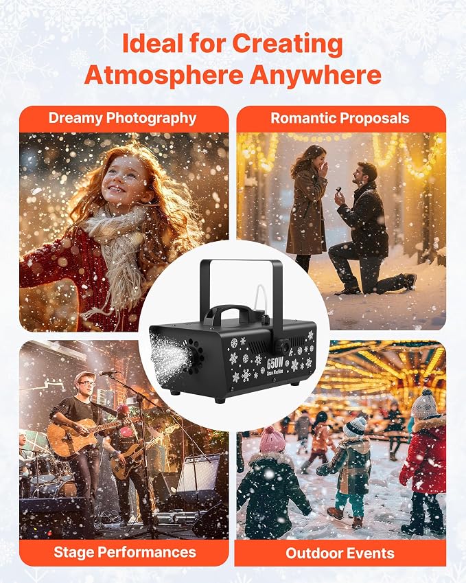 VEVOR Snow Machine, 650W Handheld/Hanging Fake Snow Maker, Snowmaking Machine with Portable Handle, Outdoor & Indoor Artificial Snowflake Maker for DJ Stage Parties Christmas Decor