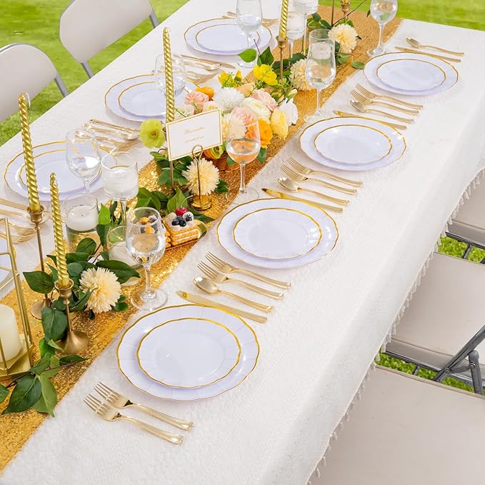 ejonirinjonir EI 150pcs White Plastic Plates with Gold Plastic Silverware,Disposable Plate Heavy Duty,White Dinnerware Set,Elegant Plates for Party,Wedding,Afternoon Tea,Spring,Valentine's Day