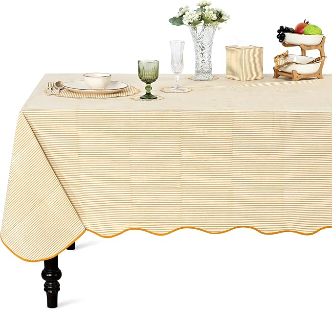Ridhi Warm Saffron Yellow Stripe Block Print 60x60 Square Tablecloth Table Cover for Dining Tables, Handcrafted Farmhouse Kitchen Decor, Washable, Decorative Tablecloths for Spring, Easter, Valentine