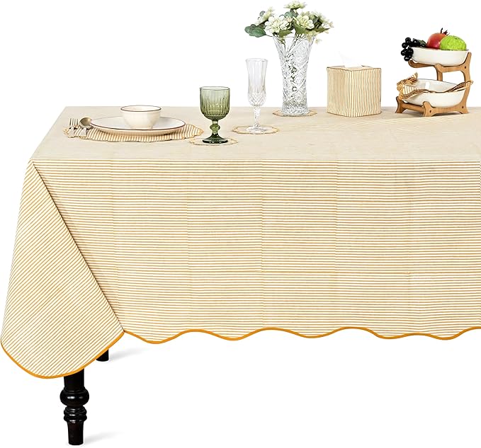 Ridhi Warm Saffron Yellow Stripe Block Print 70x108 Rectangle Tablecloth Table Cover for Dining Tables,Farmhouse Kitchen Decor, Washable, Decorative Tablecloths for Spring, Easter, Valentine