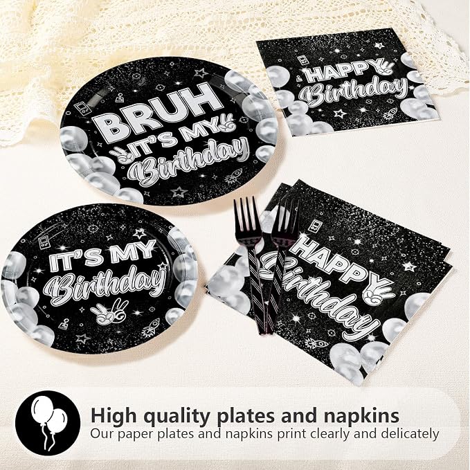 96pcs Bruh It's My Birthday Decorations Black and White Birthday Plates and Napkins for Teen Boys Black and Silver Birthdays Graduation 2026 Party Decorations