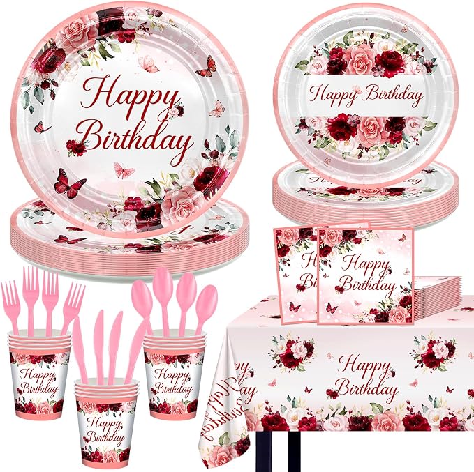 Burgundy Birthday Party Decorations 169 Pcs Burgundy Plates and Napkins Cups Tablecloth Serve 24 Rose Gold Floral Butterfly Party Supplies for Women Girl