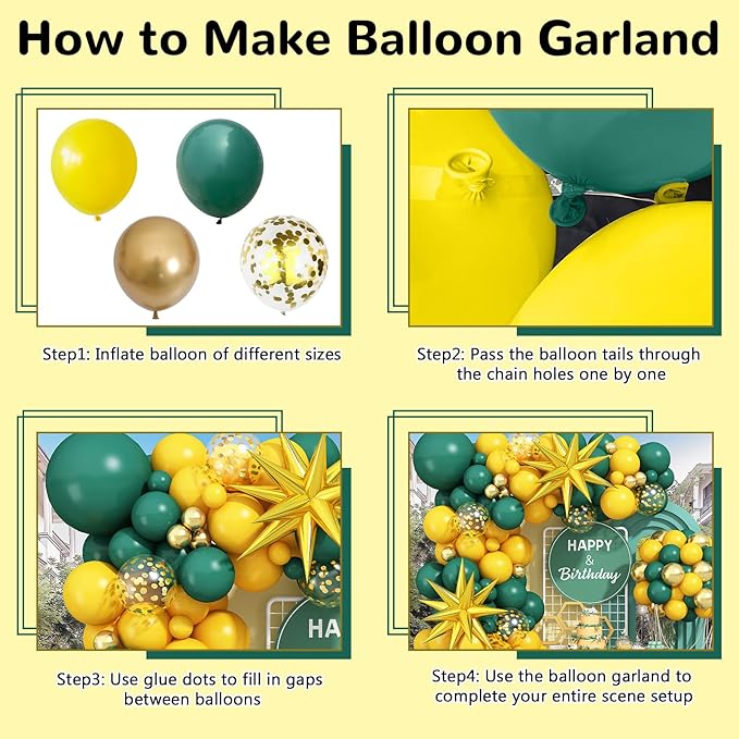 Green Yellow Balloon Garland Arch Kit, Dark Green Yellow Metallic Gold Balloon with Gold Confetti Explosion Star Foil Balloon for Birthday Baby Shower class of 2025 Graduation Party Decoration