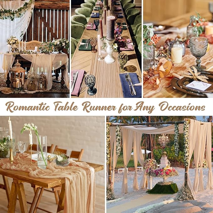 Foaincore 12 Pack Champagne Cheesecloth Table Runner 13Ft Boho Gauze Table Runner Rustic 157" Long Cheese Cloth Romantic for Wedding Bridal Baby Shower Arbor Decor