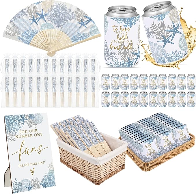 Hoteam 25 Sets Ocean Wedding Party Favors for Guests Bulk Including Blue Can Cooler and Paper Folding Fans with Wedding Decor Table Sign Cheers to Love for Bridal Shower Party Souvenir