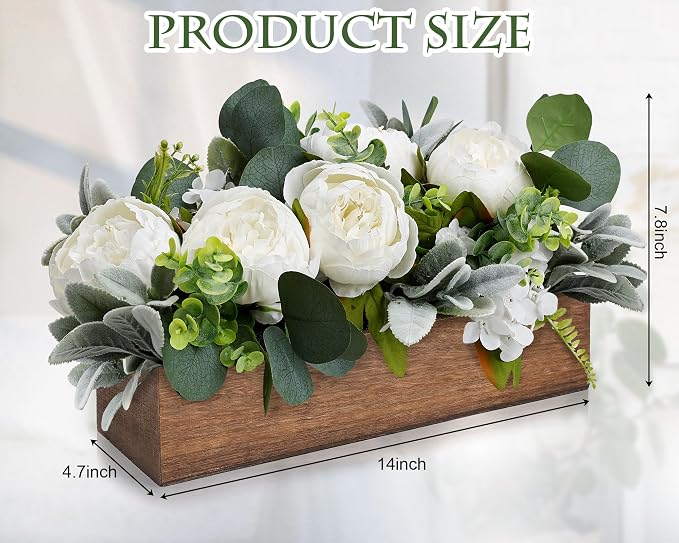 Pre-Made Flower Centerpieces for Table, Artificial Floral Centerpieces for Dining Table Wood Fake Peony Hydrangea Centerpiece for Wedding Living Room Party Bar Kitchen Table(White)