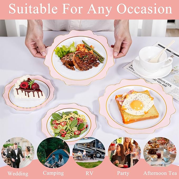 WDF 100PCS Pink Plastic Plates - Heavy Duty Pink and Gold Disposable Plates - Include 50 Dinner Plate and 50 Cake Plastic Plate for Baby Shower/Wedding/Spring/Bridal Shower/Tea Party/Mother's Day