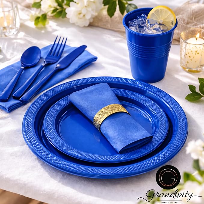 350 Piece BLUE Disposable Dinnerware Set 50 Guests, Plastic Party Plates And Cups And Napkins Sets - 50 Count 9" Dinner Plates, 7" Dessert Plates, 12oz Cups, Paper Napkins, Forks, Knives & Spoons