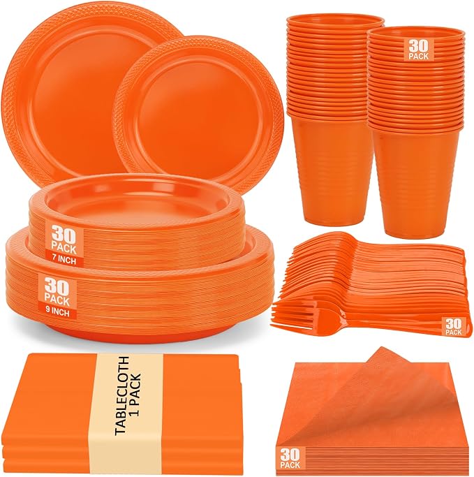 Orange Plastic Plates for Party,30 Guest Disposable Orange Party Supplies Including Dinner&Dessert Plate,12oz Cups,Cutlery,Napkins & Tablecloth Dinnerware Decorations for Birthday Fall Parties Wedding