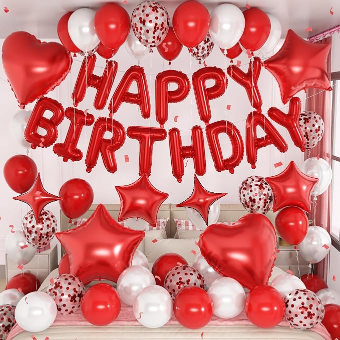 Red White Birthday Decorations for Women Girls Dark Red Metallic Pearl Whte Confetti Party Balloon Happy Birthday Banner Heart Foil Balloons 18/10 Inch Star Balloons for Bday Party Supplies