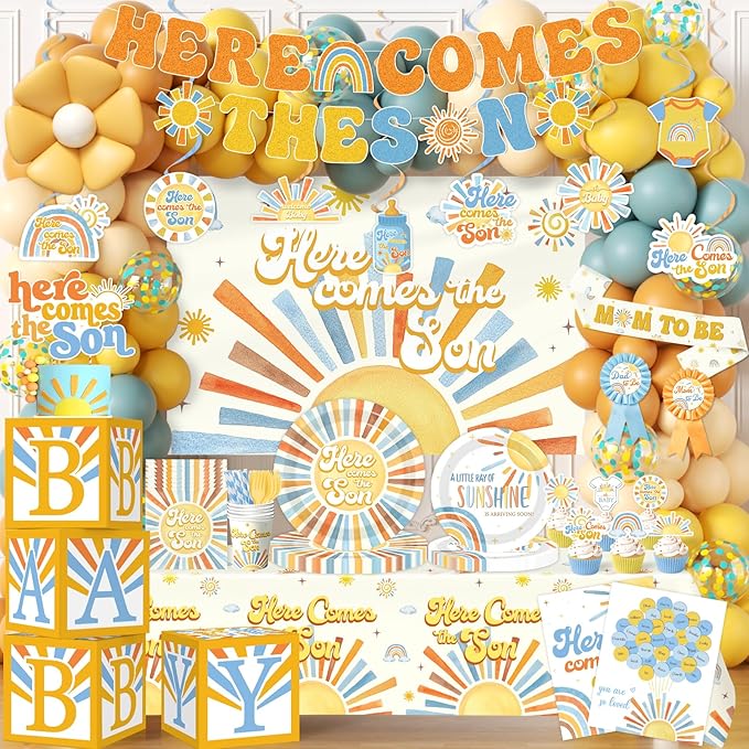 Here Comes the Son Baby Shower Decor for Boy, All-in-1 Boho Retro Sunshine Baby Shower Decorations with Balloon Arch Baby Boxes Rainbow Plates Napkins Cake Topper Tablecloth Backdrop It’s A Boy Decor