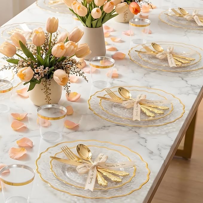 N9R 120PCS Gold Plastic Silverware, Disposable Silverware Include 40 Forks, 40 Spoons, 40 Knives, Gold Cutlery Set Disposable for Party, Wedding and Daily Use