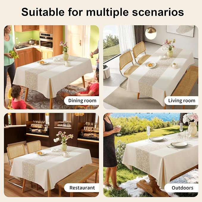 Nordic Beige Round Tablecloth, Premium Drape, Water & Stain Resistant, Elegant Rectangle Table Cover for Dining, Kitchen, Party, Home Decor